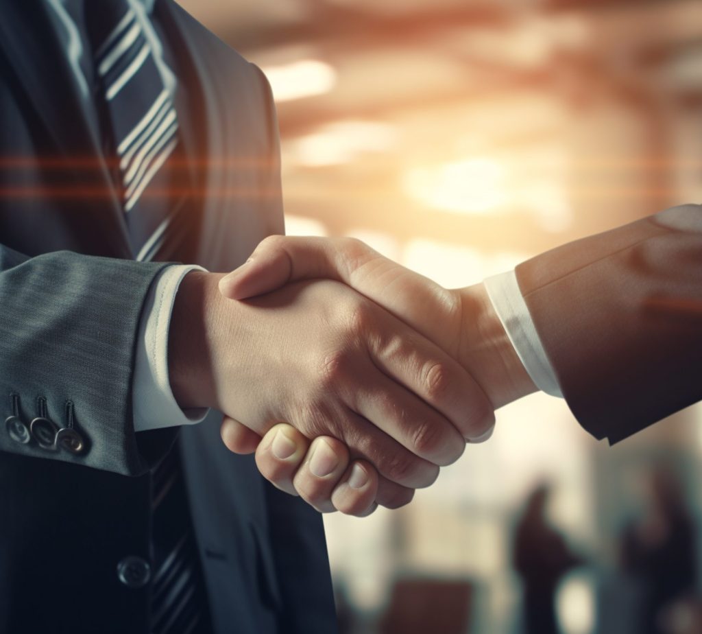 Close businessmen handshake on company background